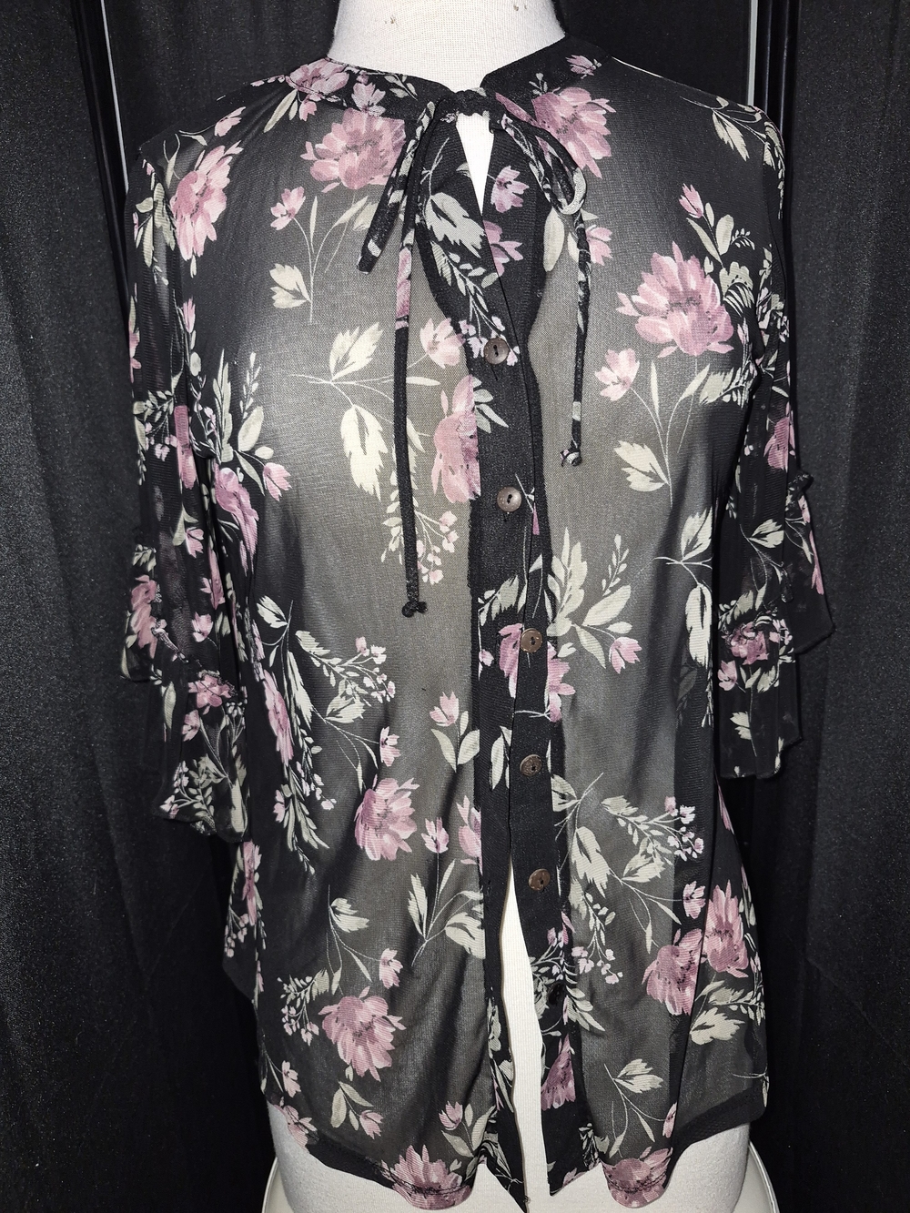 PerSeption Concept Black Sheer Blouse with Pink Floral Print
